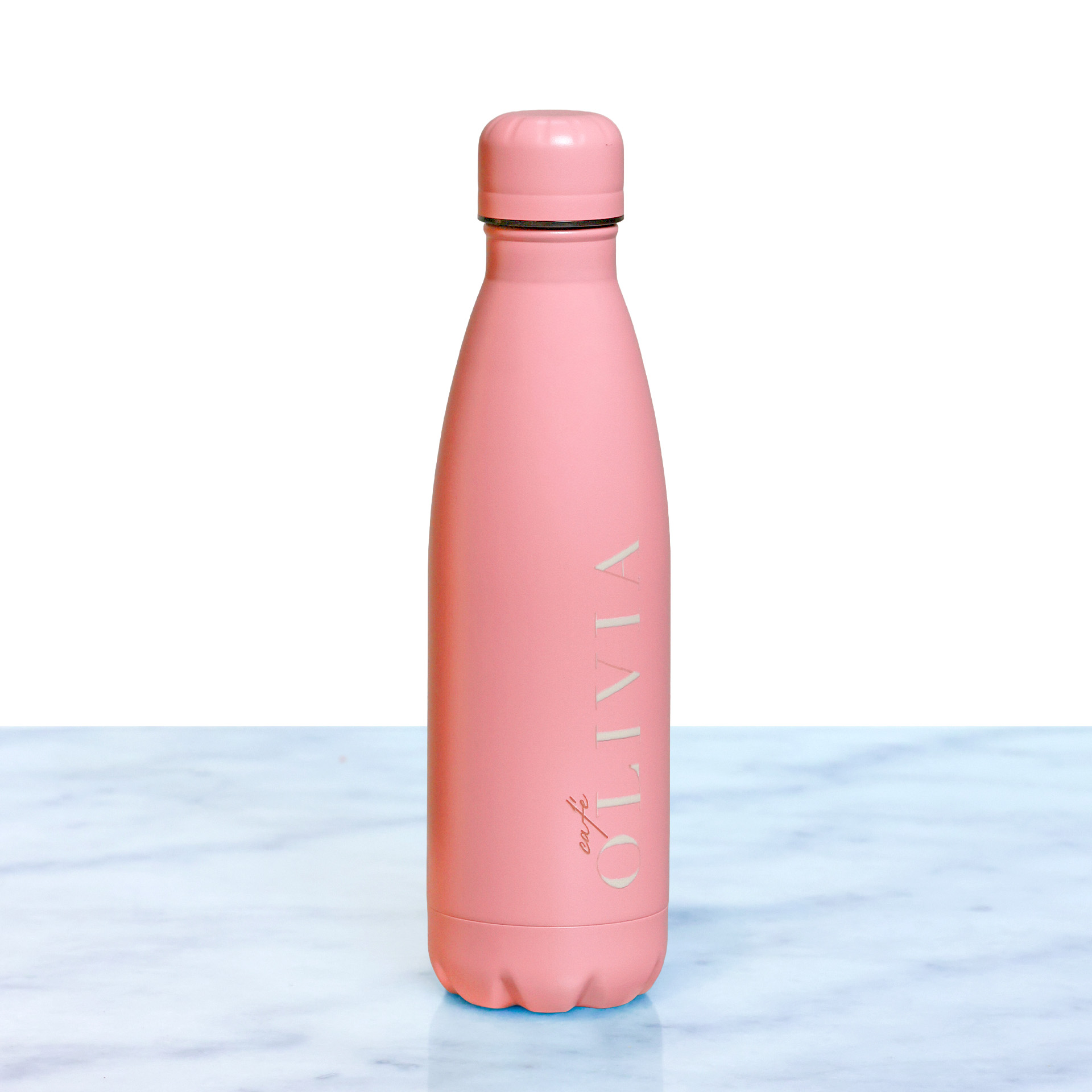 OLIVIA Thermos in Pink Flamingo color shown from the front angle